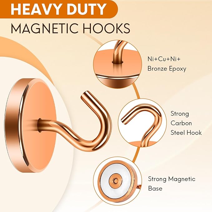 Neosmuk Magnetic Hooks, Heavy Duty 170lb Strong Magnets for Cruise Cabins, Ship Essentials, Large Metal Hooks for Hanging on Fridge(Bronze,Pack of 4)
