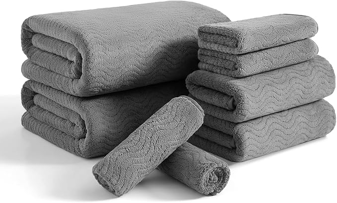 8 Piece Bath Towel Set Grey — 2 Oversized Large Bath Sheet,2 Hand Towels,4 Washcloths — Ultra Soft Cozy Bath Towel Set for Bathroom Hotel Gym Spa,Highly Absorbent & Quick Dry Bathroom Towel Collections