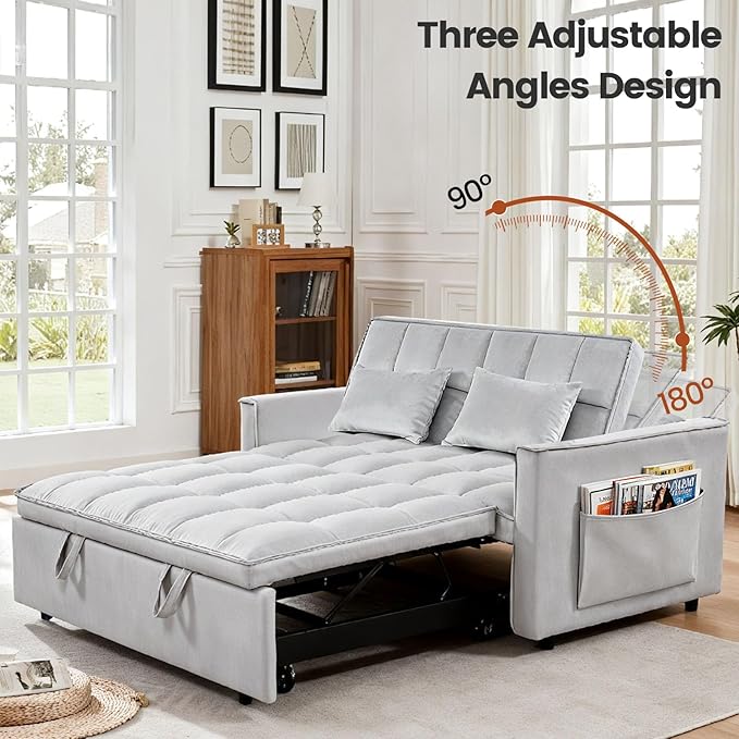 Convertible Sofa Bed, Love Seat Sleeper Bed with Side Pockets, 3 in 1 Velvet Fabric Pull Out Couch with Adjustable Backrest for Living Room, Bedroom, Apartment, Gray