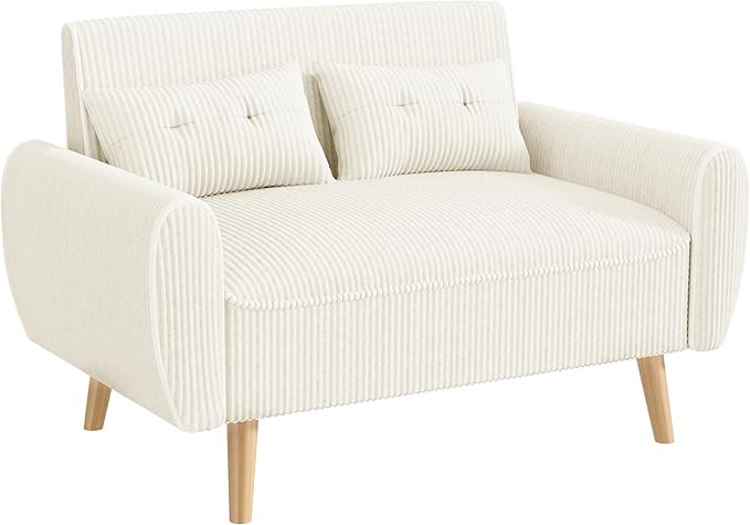 JAMFLY 47'' Small Loveseat Sofa, 2 Seat Compact Couch with Tapered Legs, White Upholstered Furniture, Solid Wood Frame, Comfy Foam Cushion, Easy Assembly for Small Spaces