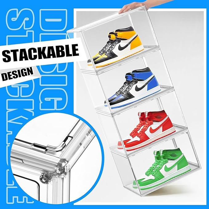 12 Pack Acrylic Shoe Storage Box with Magnetic Door. Size 13 Clear Stackable Shoe Organizer for Closet Space Saving Shoe Cabinet Sneaker Display Case in Closet, Hallway, Bedroom, Dormitory