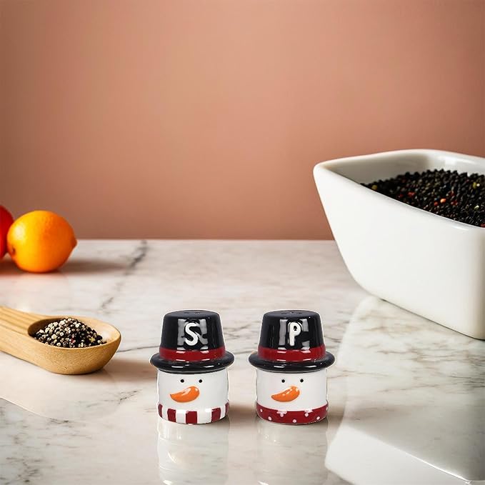 Young’s Inc Ceramic Christmas Marshmallow Snowman Salt & Pepper Set – Cute Red & Black Holiday Tabletop Shakers, 3.35" Small Size for Christmas Dining & Winter Kitchen Decor