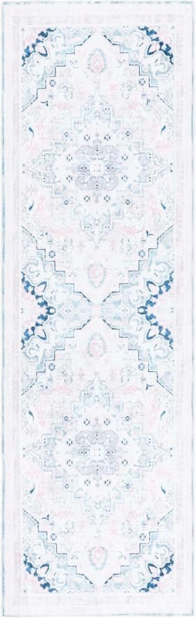 Safavieh Washable Rug Arizona Collection - 2'6" x 8' Runner, Ivory & Aqua, Slip Resistant & Easy to Clean, Ideal for Living Room, Entryway, Foyer, Kitchen, Bedroom (ARZ324A)
