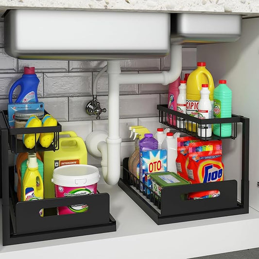 Pull Out Under Sink Organizer, Slide Out Sink Shelf Cabinet Storage for Kitchen Bathroom, Black, 2 Pack