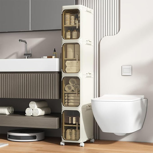 4 Tier Slim Bathroom Storage Cabinet, Narrow Organizer with Wheels and Toilet Paper Holder, Waterproof, No Assembly Required, Perfect for Small Spaces in Bathroom, Kitchen and Living Room