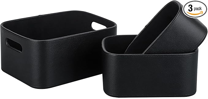 HofferRuffer Faux Leather Storage Baskets Bins with Velvet Lining for Organizing, Storage, Gifts, Set of 3 Nesting Shelf Baskets Decorative Storage Boxes for Home Organization (Black)