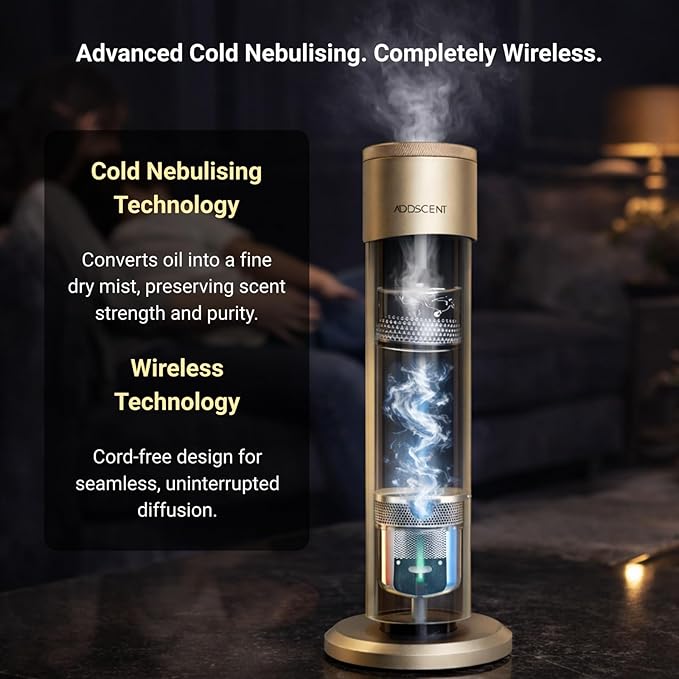 Waterless Fragrance Oil Diffuser Gold, 120ml Smart Timer, Bluetooth & Manual Control, Whisper Quiet Rechargeable Aroma Machine for Home Office Spa Hotel - 1500sqft - Fragrance Not Included