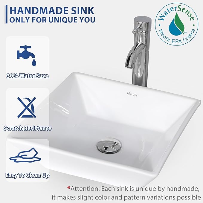eclife 48" Modern Bathroom Vanity Sink Combo Freestanding Cabinet with Small Side Cabinet, White Square Ceramic Vessel Sink, Water Save Faucet, Drain (Black+A07)