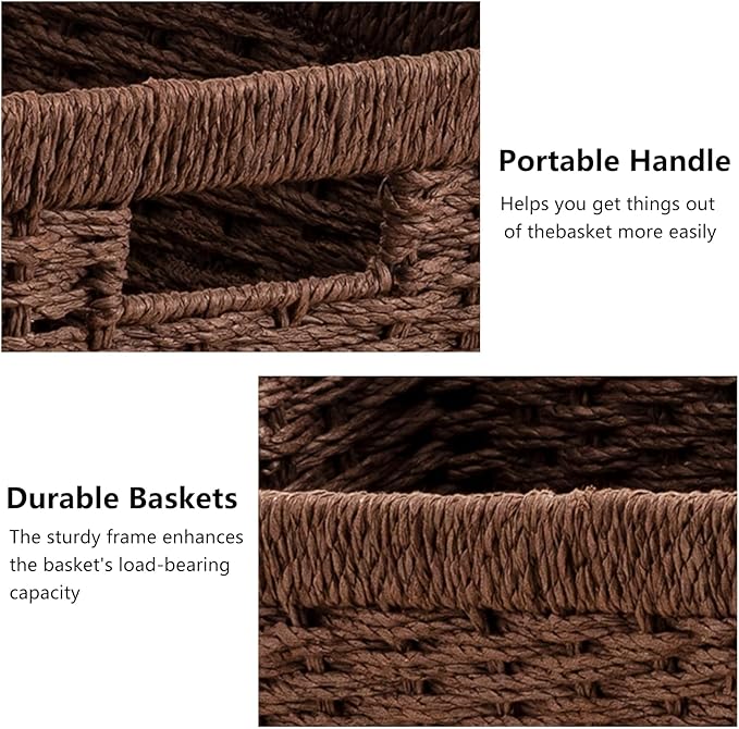 joybest Wicker Storage Baskets, Set of 4 Hand-Woven Paper Rope Dark Brown Baskets for Organizing, Foldable Rectangular Storage Organizer Bins for Shelves with Handles 13.4L x 8.3W x 7.1H