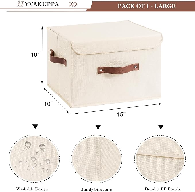 2PCS Collapsible Storage Boxes Baskets with Lid Cotton Linen Fabric Storage Bins with Faux Leather Handles Washable Cube Organizer Container for Home Closet Bedroom (Beige, Large Size)