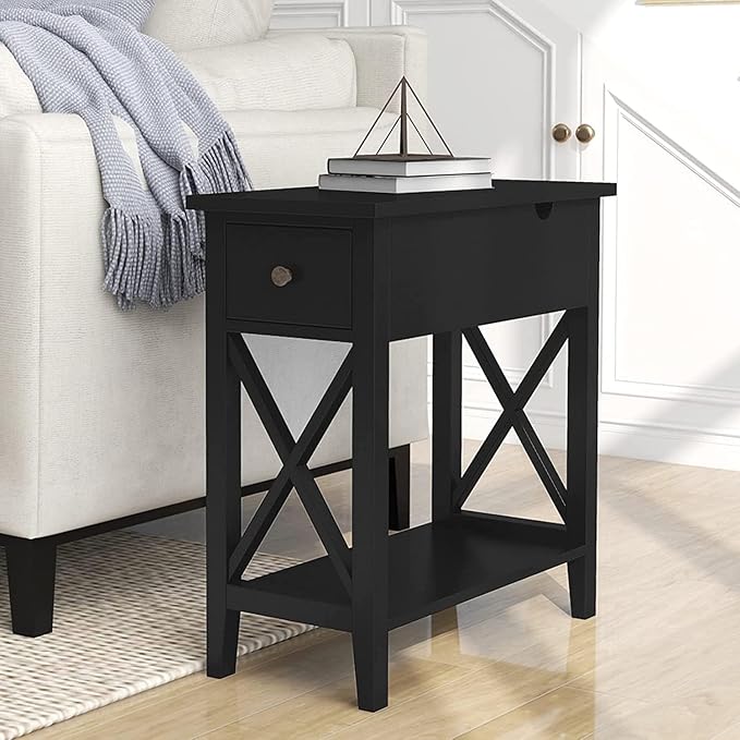 ChooChoo End Table Set of 2, Flip Top Narrow End Table with Drawer, Accent Small Side Table Nightstand for Living Room, Bedroom, and Small Spaces, Blcak