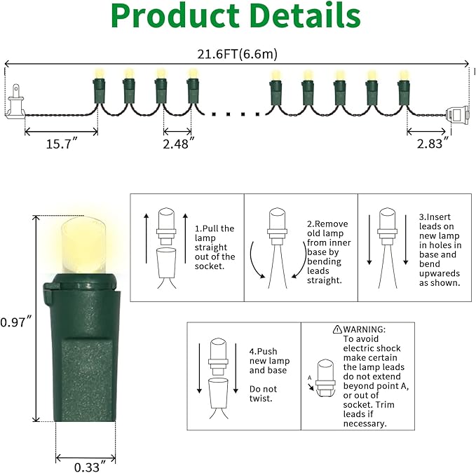 LAMPHOME 100 LED Warm White String Lights - 21.6FT LED Christmas Light, Mini led Extendable Green Wire Waterproof Indoor Outdoor Fairy String Lights for Xmas Tree Holiday Home Party Garden