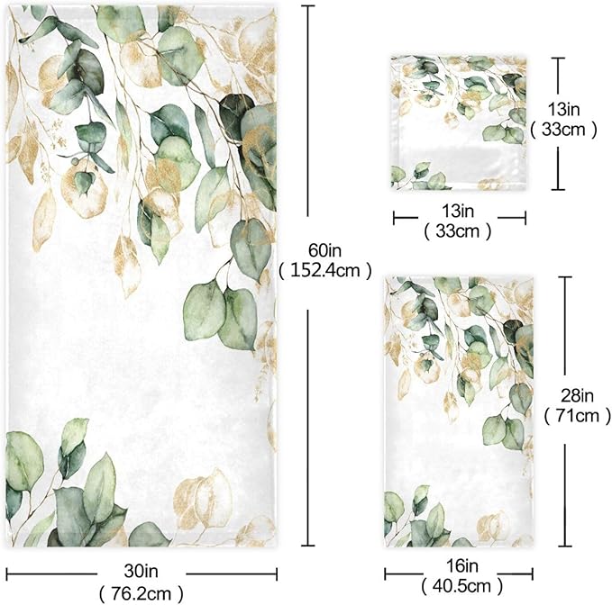 Green Gold Leave Bath Towels Set,3 Piece Eucalyptus Leaf Towel Set(1 Bath Towel 1 Hand Towel 1 Washcloth),Absorbent Microfiber Decorative Bathroom Towels for Shower,Fingertip,Hair,Face