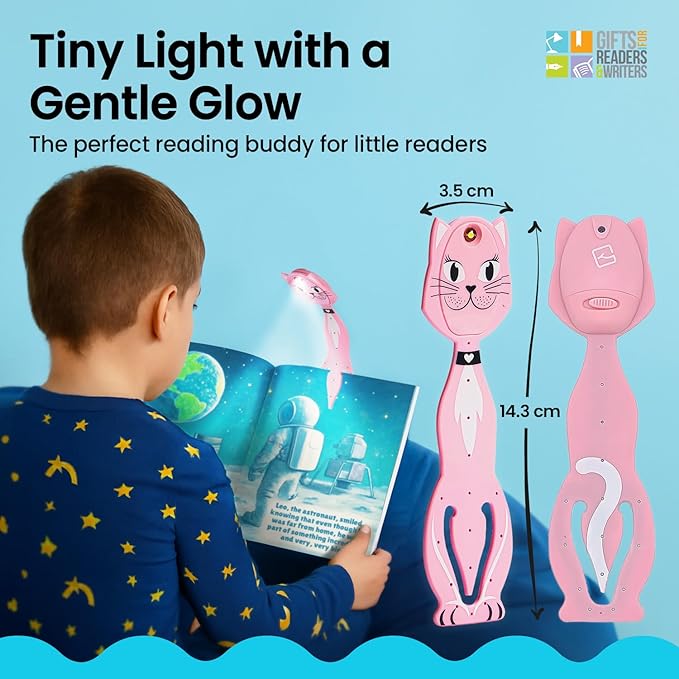 Gifts for Readers & Writers Book Light for Kids, Clip On Reading Light for Bed, 2in1 Flexilight Pals & Bookmark, Small & Lightweight with a Soft Glow, 2 Batteries Included, Cat