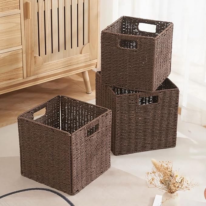 10.5x10.5in Storage Baskets 1Pcs Paper Rope Woven Baskets,Foldable Handwoven Storage Cubes,Wicker Cube Baskets Laundry Organizer Totes for Bathroom, Bedroom, Laundry, Pantry, Shelves
