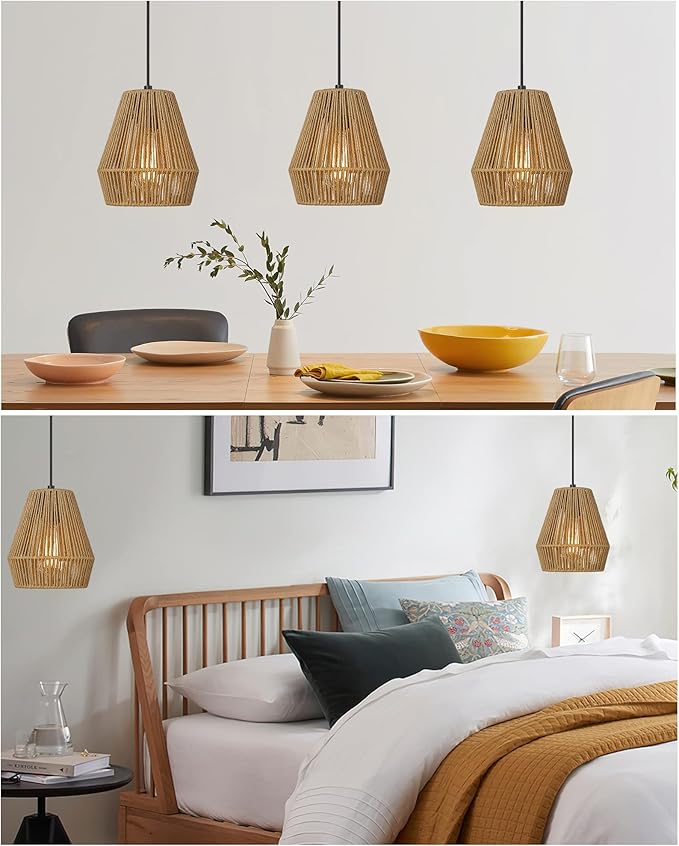ELYONA Woven Pendant Lights, 7” Rustic Rattan Hanging Lamp Adjustable Handwoven Basket Shade, Boho Pendant Light Fixtures for Kitchen Island, Dining Room, Bedroom, Farmhouse Bar, Foyer Hallway, Brown