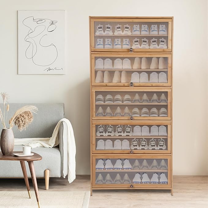 10 Tiers Bamboo Shoe Cabinet with Flip Doors, Large Freestanding Shoe Rack for Entryway, Shoe Shelves Organizer for Closet Hallway Bedroom
