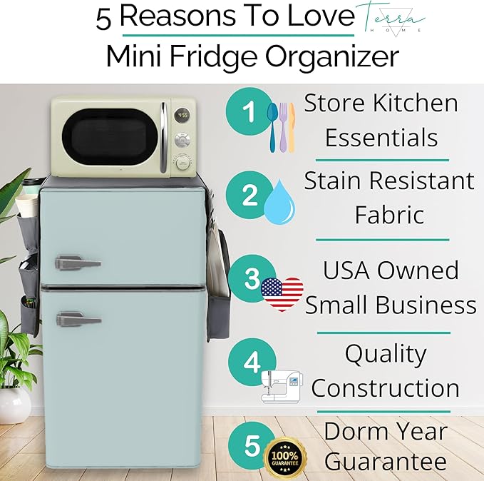 Mini Fridge Organizers and Storage - College Dorms Must Haves - Large Pockets with Dividers Holds Pantry Goods, Utensils, Paper Towel, Plastic Wrap Ideal Mini Fridge Shelf for Dorm and Office (Grey)…