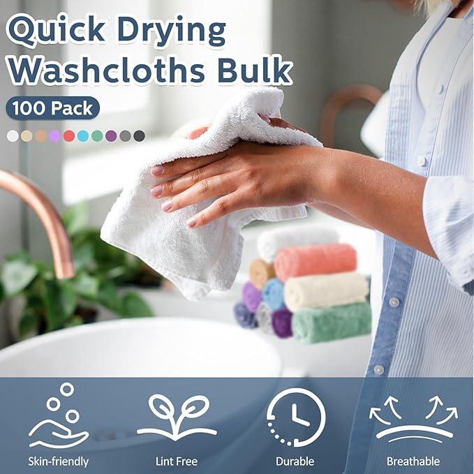 100 Pcs Washcloths Bulk Quick Drying Bathroom Wash Clothes 12 x 12 Inch Face Towels Microfiber Soft Hand Towel for Your Body Spa Fingertip(Multicolor)