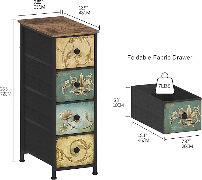 Tohomeor Narrow Storage Dresser Slim Dresser with Retro Flowers Fabric Drawers Vertical Skinny Cabinet for Small Spaces,Bathroom,Bedroom Closet Nightstand,Entryway Organizer (Retro Flower, 4 Drawers)