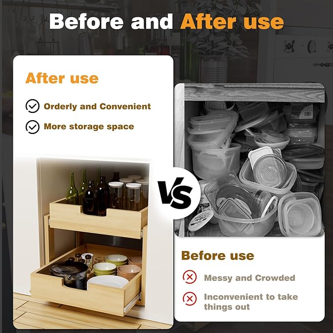 Pull Out Cabinet Organizer, 17''W×21''D Sliding Drawers for Cabinets, 2 Tier Soft Close Slide Out Wooden Pull out Drawers, Base Cabinet Organization for Kitchen, Pantry, Bathroom