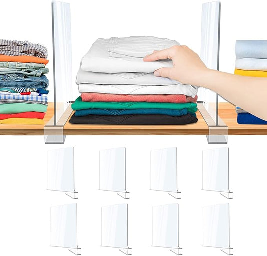 Acrylic Shelf Dividers for Closet Organization, Clear Closet Shelf Separators for Wooden Shelving, Adjustable Acrylic Bookshelf Organizers for Kitchen Cabinets and Bedroom (8PCS)
