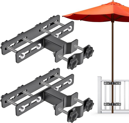 Dolibest Heavy Duty Patio Umbrella Holder - Steel Outdoor Umbrella Mount, Fully Welded for Stability, Adjustable Fit for Various Umbrella Sizes, Wide Railing Compatibility, Space-Saving Design, 2 Pack