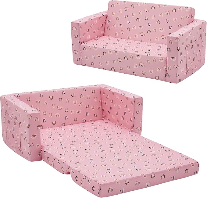 Ulax furniture Kids Fold Out Couch 2-in-1 Children Convertible Sofa to Lounger with Soft Plush Fabric(Pink Rainbow)
