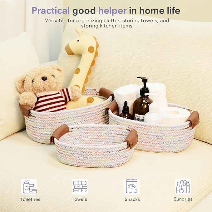 5 Piece Storage Baskets Small Woven Basket with Detachable Leather Handle, Cotton Rope Shelf Baskets for Closet Organizers, Different Sizes Basket Decor, Rainbow