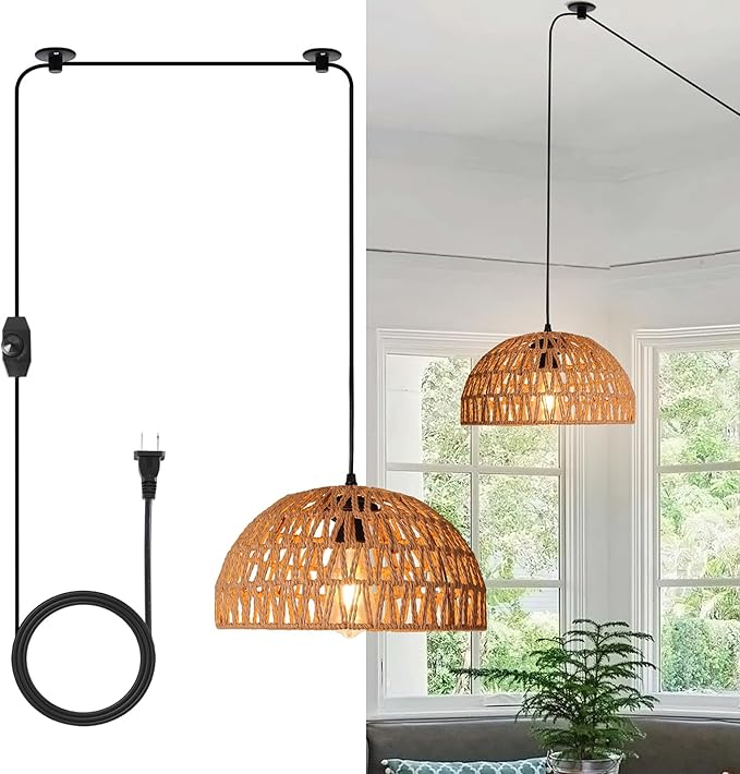 HuisMier Rattan Hanging Lamp Plug in Pendant Light with 15 Ft Plug in Cord, Wicker Woven Basket Lampshade Hanging Light with Dimmable Switch, Boho Plug in Pendant Light for Kitchen Farmhouse Bedroom