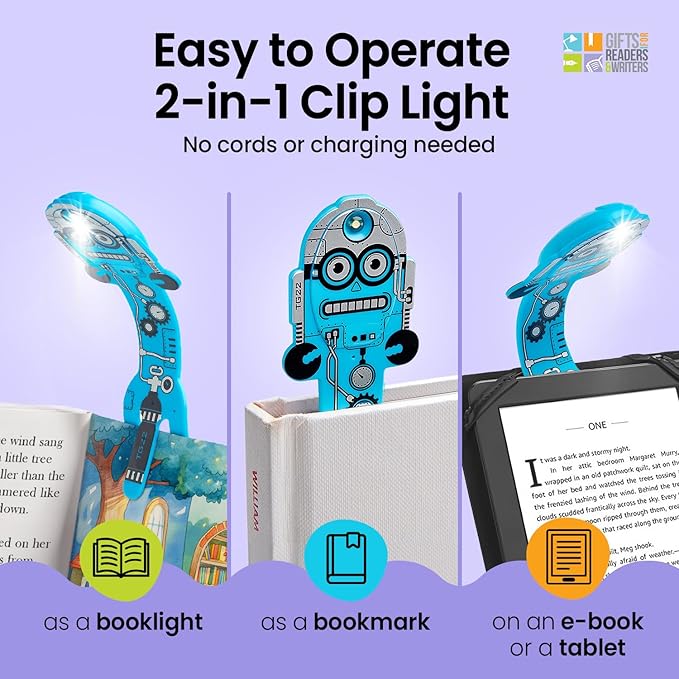 Gifts for Readers & Writers Book Light for Kids, Clip On Reading Light for Bed, 2in1 Flexilight Pals & Bookmark, Small & Lightweight with a Soft Glow, 2 Batteries Included, Robot Blue