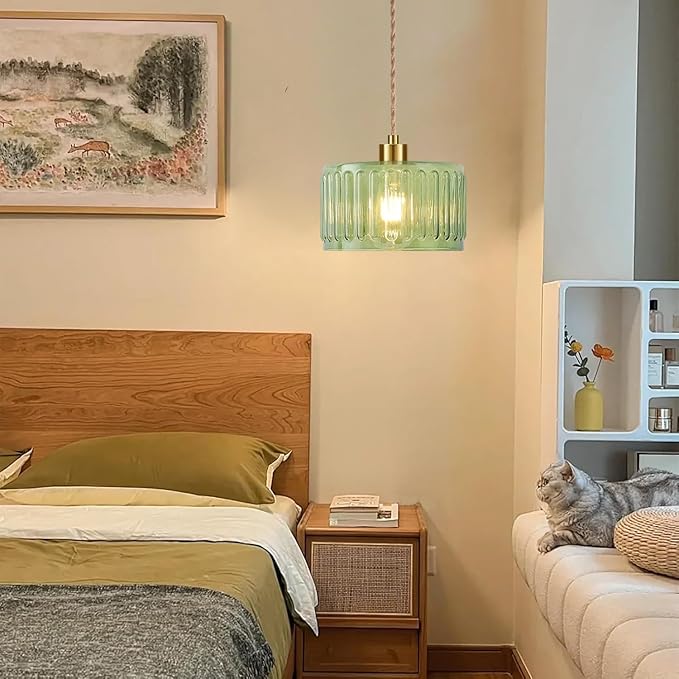 Plug in Pendant Light Hanging Lights with Plug in Cord Boho Hanging Lamp Glass Gold Mid Century Modern Vintage Dimmable Green Flower Plug in Chandelier Ceiling Fixture for Living Room,Kitchen