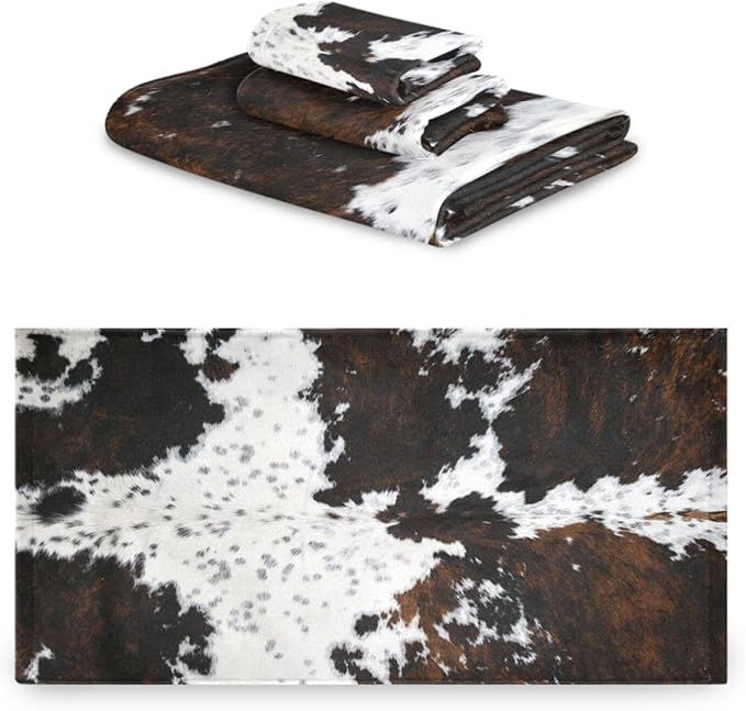 3 Piece Cow Fur Bath Towel Set,Microfiber Decorative White Black Brown Cow Print Country Farmhouse Cowhide Bathroom Towels,1 Bath Towel 1 Hand Towel for Bathroom Kitchen,1 Washcloth for Face