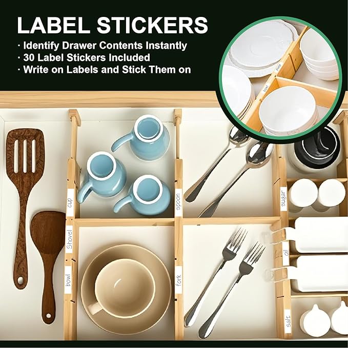 4 Pack Bamboo Drawer Dividers with Inserts and Labels – Adjustable Kitchen Drawer Organizers, Expandable Storage Solutions for Home, Office, Dressers (17-22 Inches)