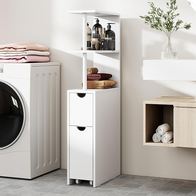 Giantex Slim Storage Cabinet, Narrow Freestanding Bathroom Organizer with Open Shelves, Pull-Out Drawer and Slide-Out Cart, Space-Saving Wooden Floor Cabinet for Entryway, Living Room and Kitchen