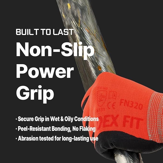 DEX FIT Premium Nylon Work Gloves FN320 - Firm Nitrile Grip, 3D-Comfort Stretchy Fit, Thin & Lightweight, Protective & Durable, Breathable, Machine Washable; Red 9 (L) 3 Pairs