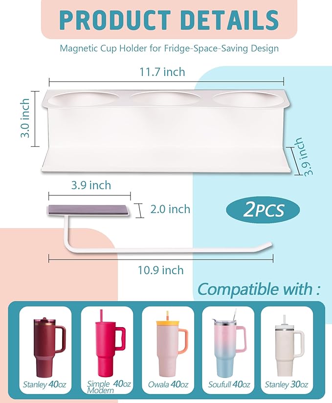 Magnetic Cup Holder for Stanley, Water Bottle Organizer for Kitchen Fridge Cabinet, Compatible with Stanley 30oz & 40oz Tumblers, Magnetic Cup Rack (White, 6 Tumblers& 2 Lid Holder)