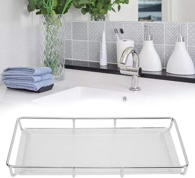 Restokki Bathroom Countertop Tray Stainless Steel Acrylic Modern Minimalist Design Storage Shelf Vanity Tray for Cosmetics Living Goods (Silver Single Layer Small Size)
