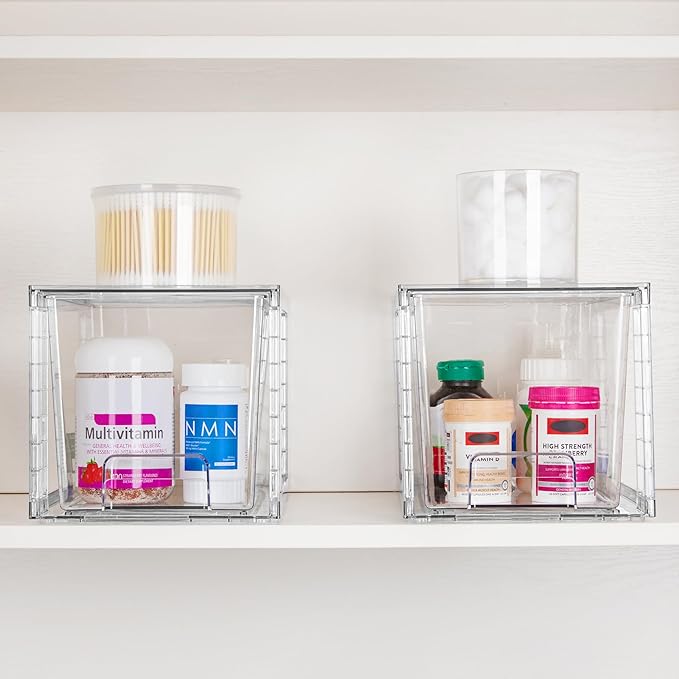 Clear Acrylic Storage Organizer Set, Multi-Purpose Cabinet Bins for Office, Kitchen, Bathroom, Stackable (3)