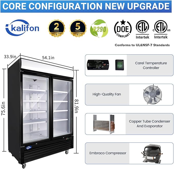 49 Cu.Ft Commercial Refrigerator, 54" Display Merchandiser, 2 Glass Door Reach-in Upright Beverage, Black Upright Fridge Cooler with LED Lighting for Restaurant Kitchen, Black