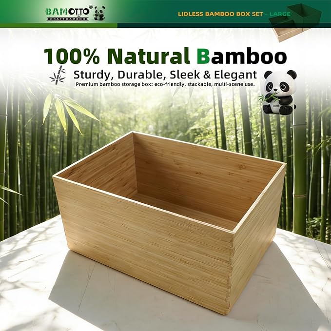 3-Piece Large Bamboo Storage Box Set - 7.1in High Stackable Deep-Drawer Organizer, Lidless Bamboo Bin for Kitchen Cutlery Utensils Knives (14.6"x10.2"x7.1"*1 + 10.2"x7.3"x3"*2)