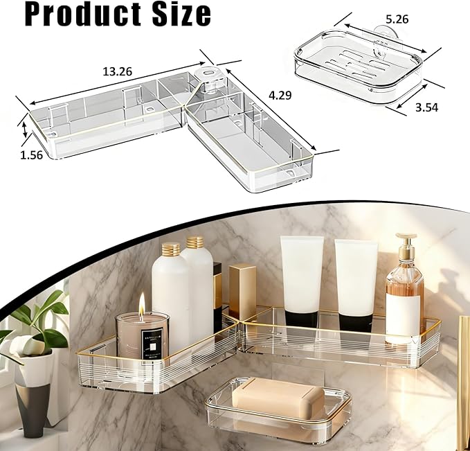 Corner Acrylic Shower Caddy, 2 Pack Shower Shelf Adhesive with 1 Pack Soap Dish, No Drilling Bathroom Organizer, Wall Shelves for Bathroom
