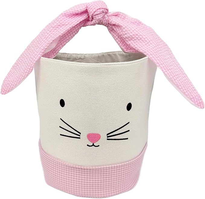 Easter Bunny Canvas Basket, Easter Egg Basket, Bunny Face, White with Gingham Pattern, 8x10 Inches, Foldable Tie Handle (Pink)