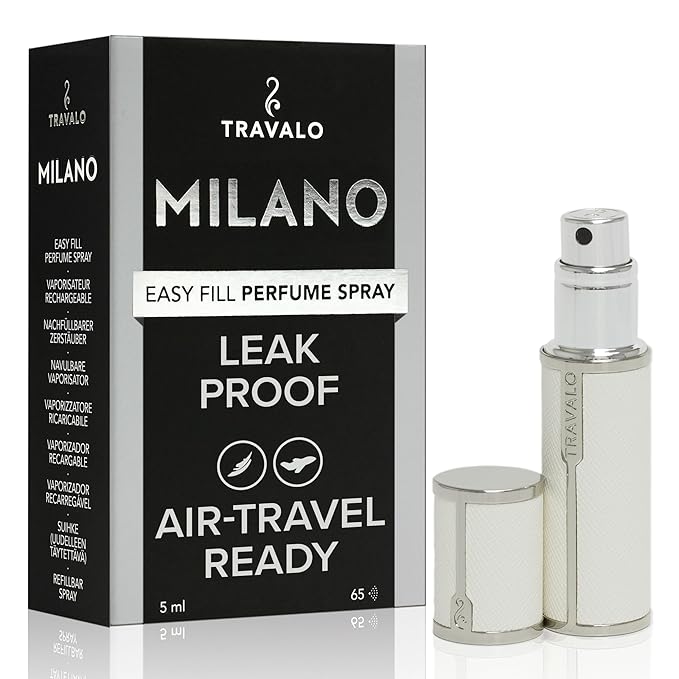 Milano Perfume Atomizer - Leak-Proof and TSA Approved for Air Travel - Reusable, Airtight, Easy Fill Mini Pump Sprayer - Lightweight, Vegan Leather with Polished Metal Outer Shell - White