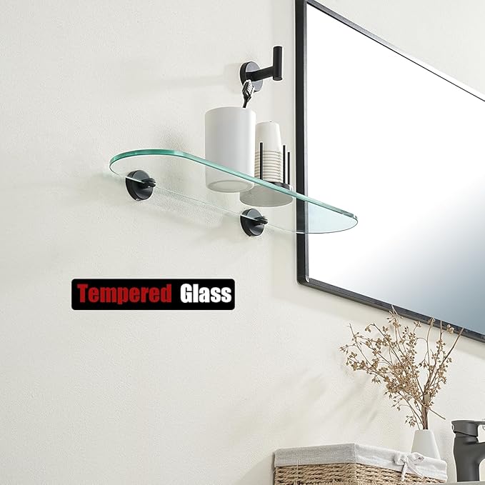 JQK Bathroom Glass Shelf Black, Tempered Glass Shower Storage 20 by 5 inches, 304 Stainless Steel Matte Black Wall Mount, TGS121L20-PB