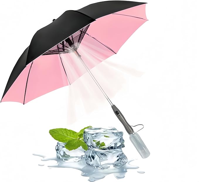 Umbrella with Fan & Mist Spray - Rechargeable UV Protective Cooling Umbrella for Patio, Beach, Travel — Portable Misting System & Detachable Water Bottle Included