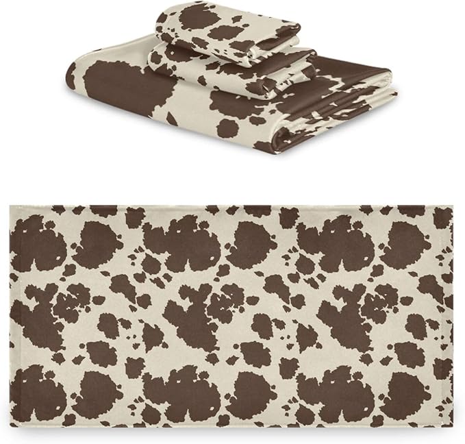 3 Piece Western Cow Print Bath Towels Set,Microfiber Absorbent Rustic Brown Farm Animal Cowhide Towels for Bathroom,1 Bath Towel,1 Hand Towel,1 Washcloth,Cow Gifts Decorative Bathroom Towels