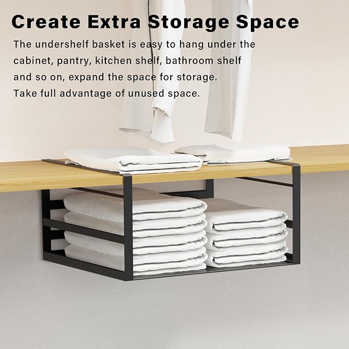 PEKGRIL 2 Pack Under Shelf Basket, Black Undershelf Storage Basket, Heavy Duty Slide-in Hanging Storage Basket, Metal Under Cabinet Organizer for Kitchen, Pantry, Desk, Bookshelf, Cabinet