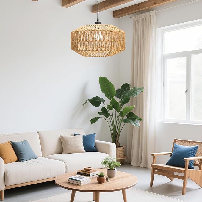 Farmhouse Chandelier Light Fixture, Rattan Boho Chandeliers, Hand Woven Pendant Light with Height Adjustable, Rustic Hanging Lighting for Living/Dining Room, Kitchen Island, Bedroom (Medium)