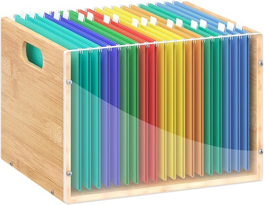 Clear Acrylic File Box Organizer, Bamboo Hanging Folder Storage Boxes, Filing Crate Bin Holder with Handle for Home Office Desk, Letter Size